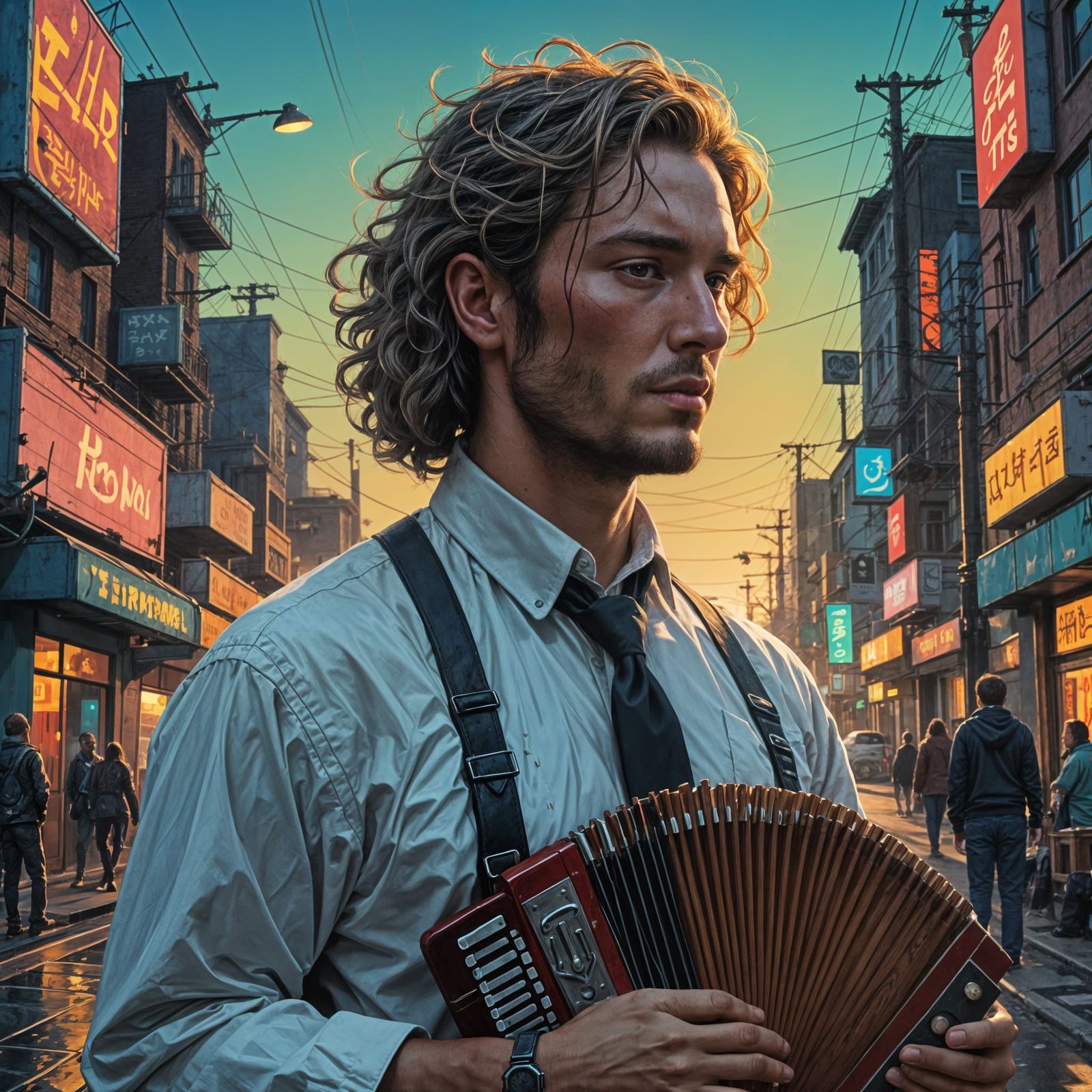 young long-haired man playing the panpipes, elegant appearance Hyperrealistic, splash art, concept art, mid shot, intric...