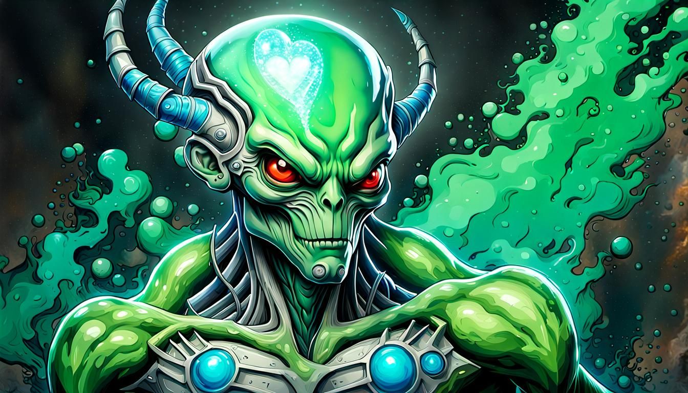 A single tall grey-green alien with a heart that glows blue