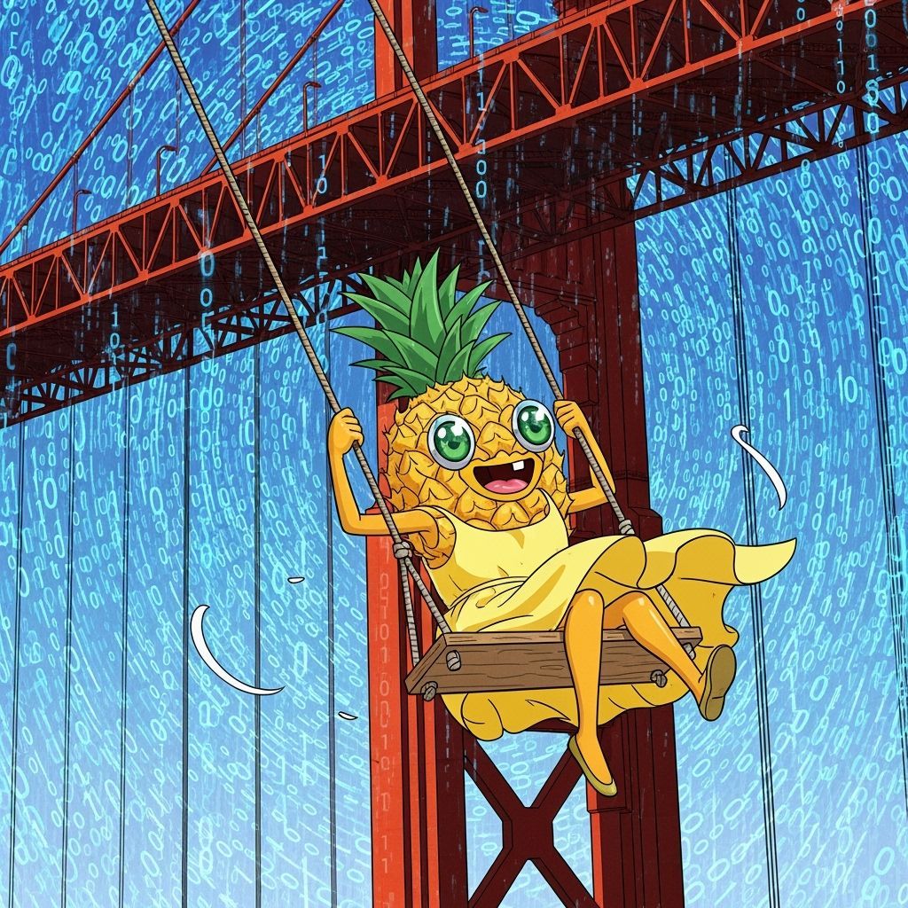 Pineapple character swinging from a wooden swing that is attached under the golden gate bridge