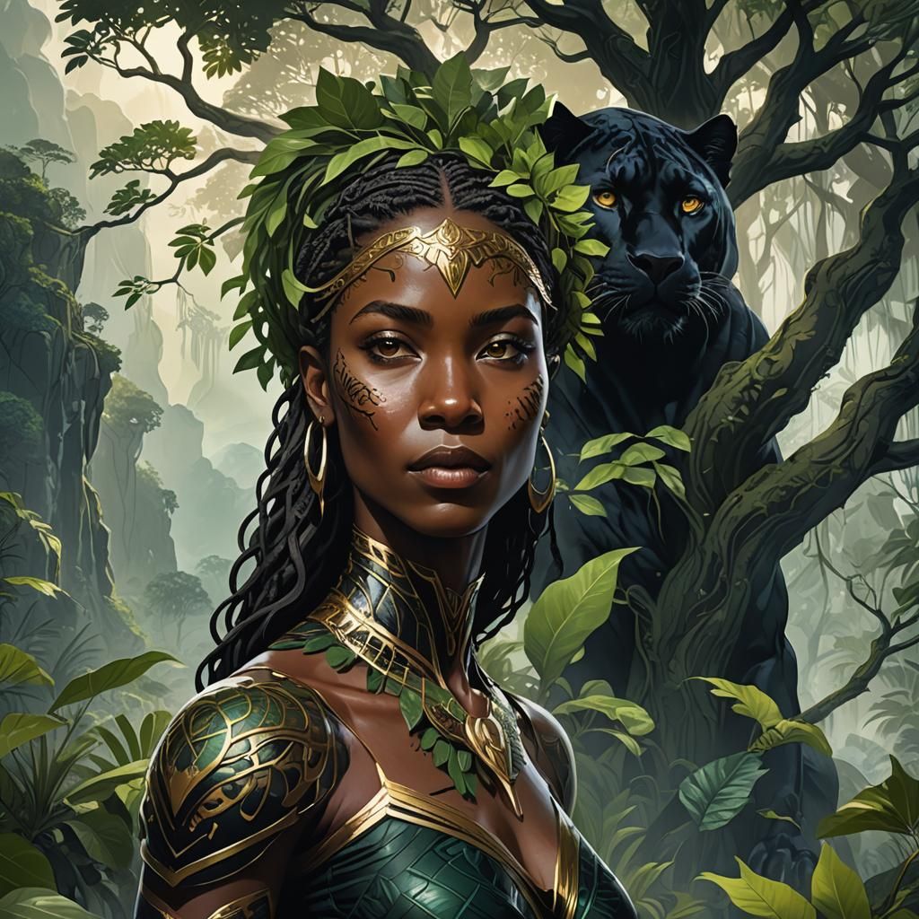 Amazon Woman and Panther in Fantasy Landscape
