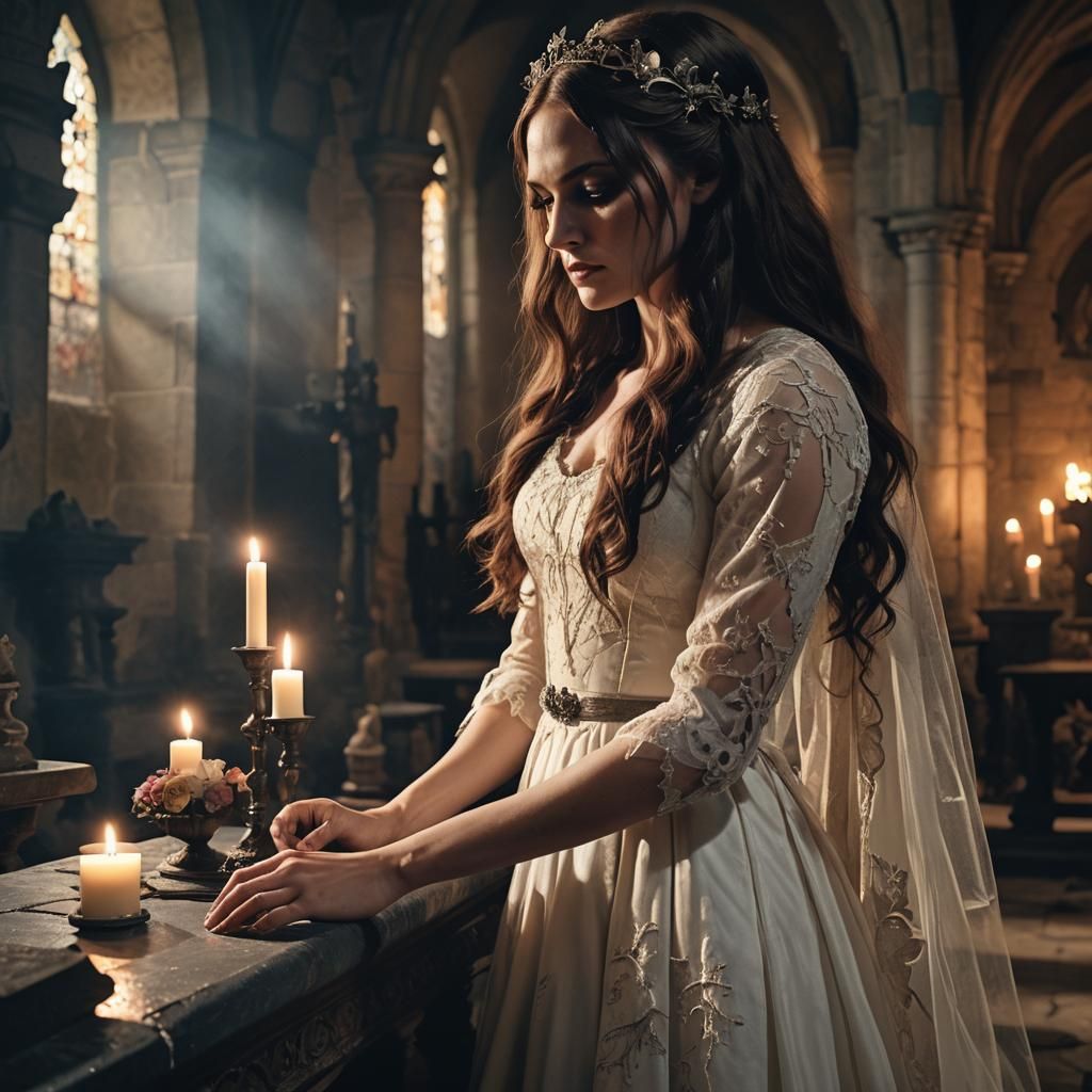 Gothic Bride with Steel Arm and Batman in Candlelight
