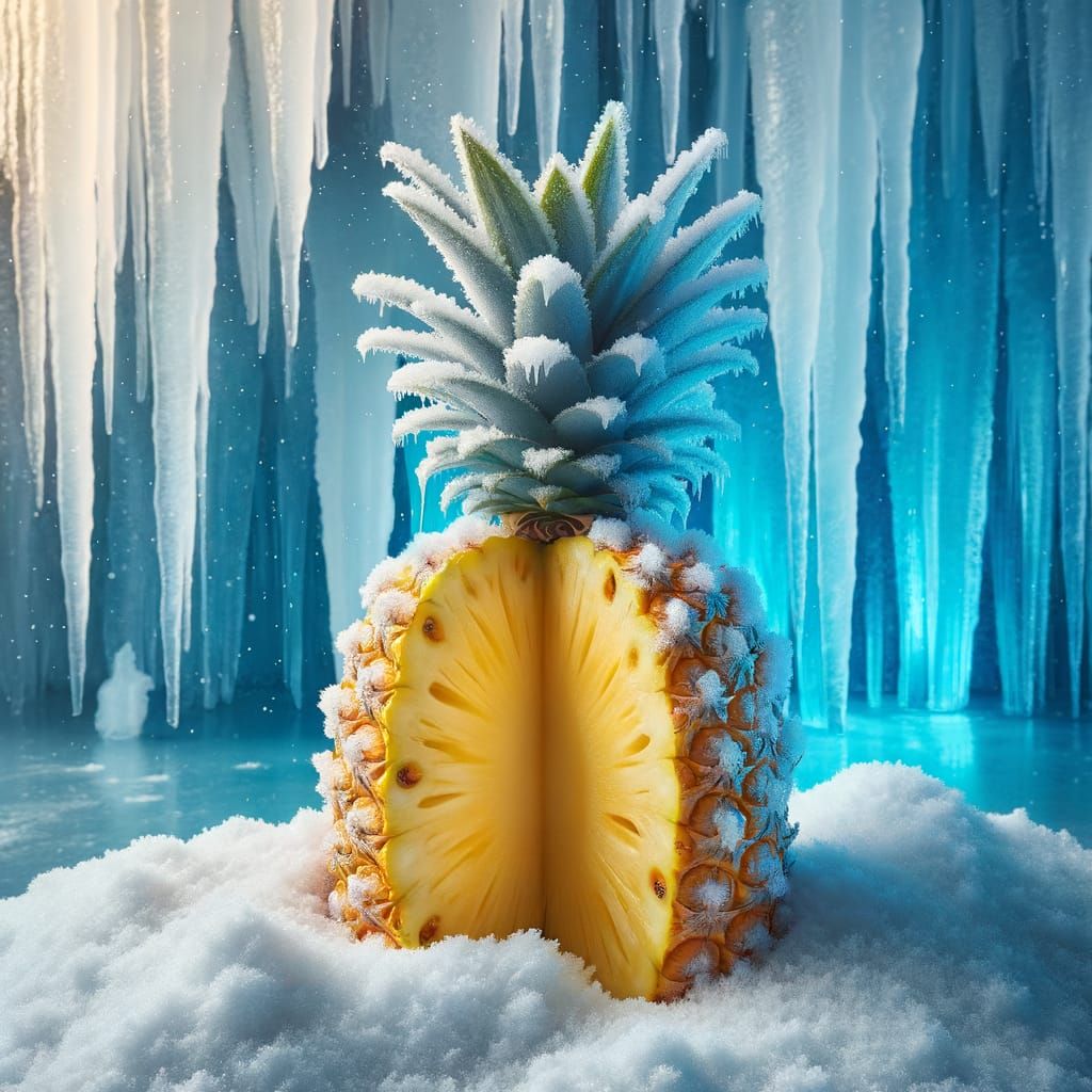 Surreal Pineapple in Snow with Iridescent Ice Wall