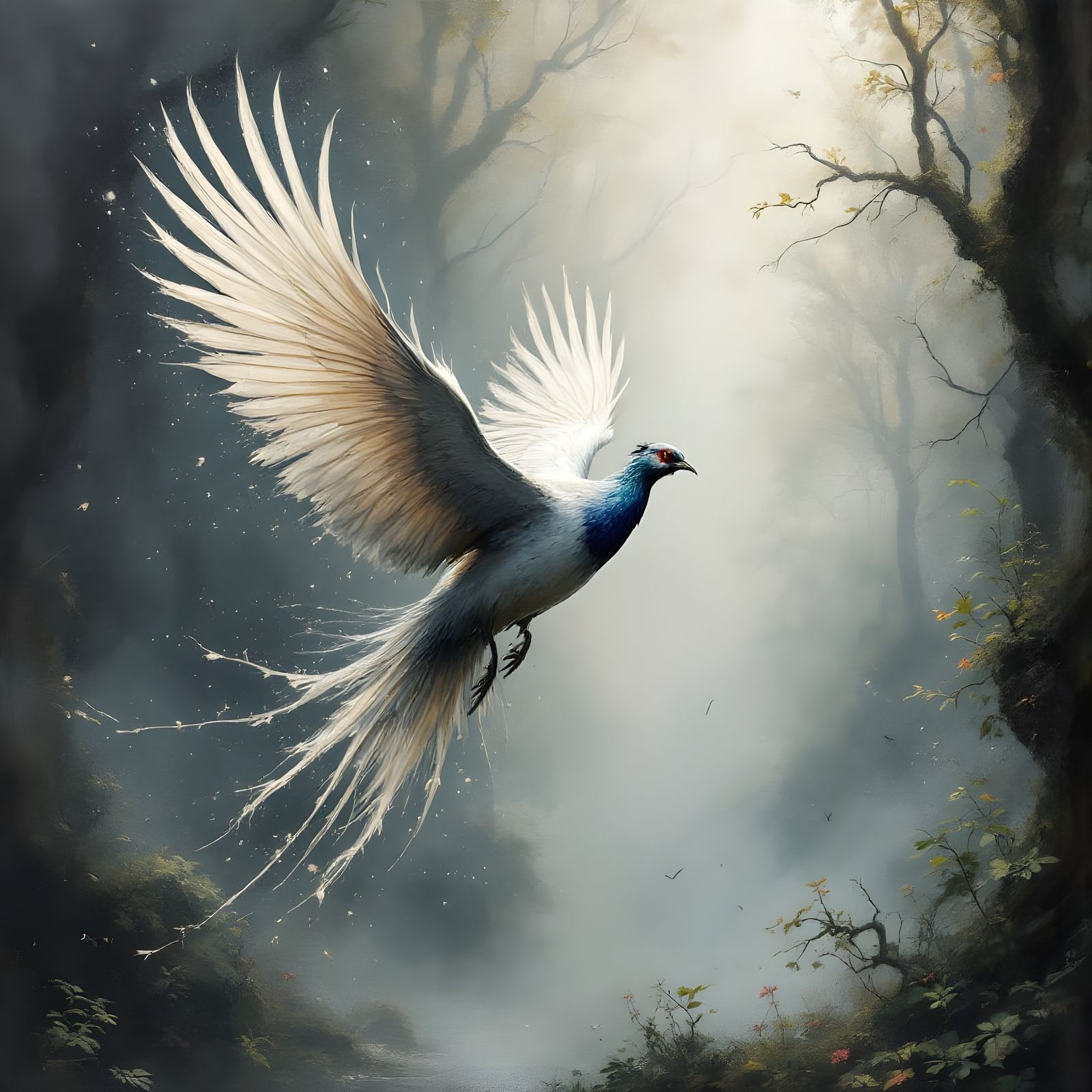 Ethereal Silver Pheasant in Foggy Forest, Masterpiece Painti...