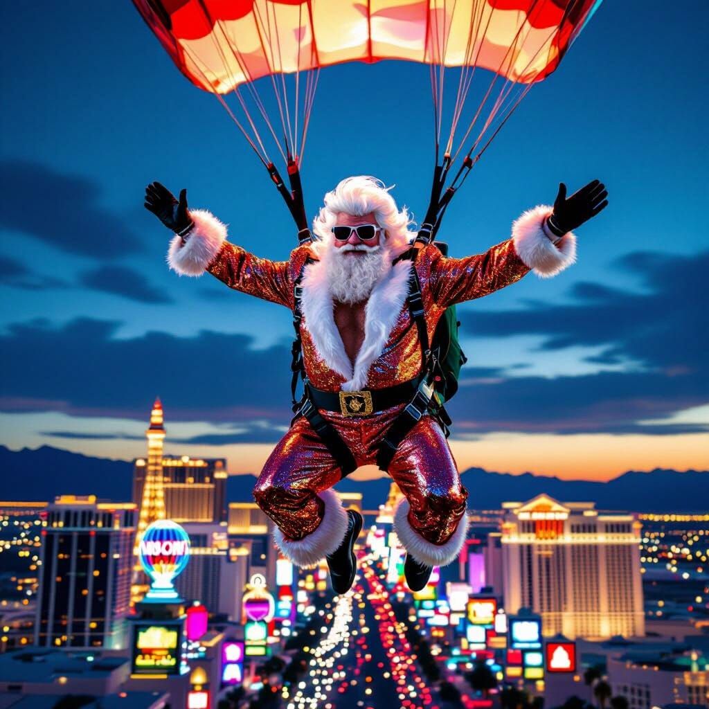 Santa Skydiving Over Las Vegas Strip in Elvis Outfit