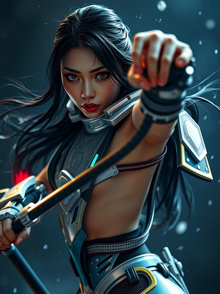 Mei in Opalescent Cyberpunk Armor, Cinematic Action Shot