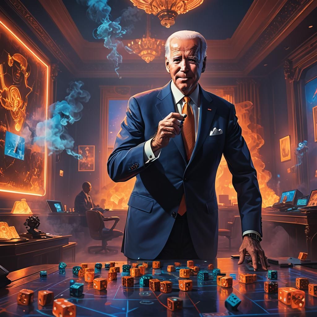 Joe Biden Tossing Dice in Neon Lit Room