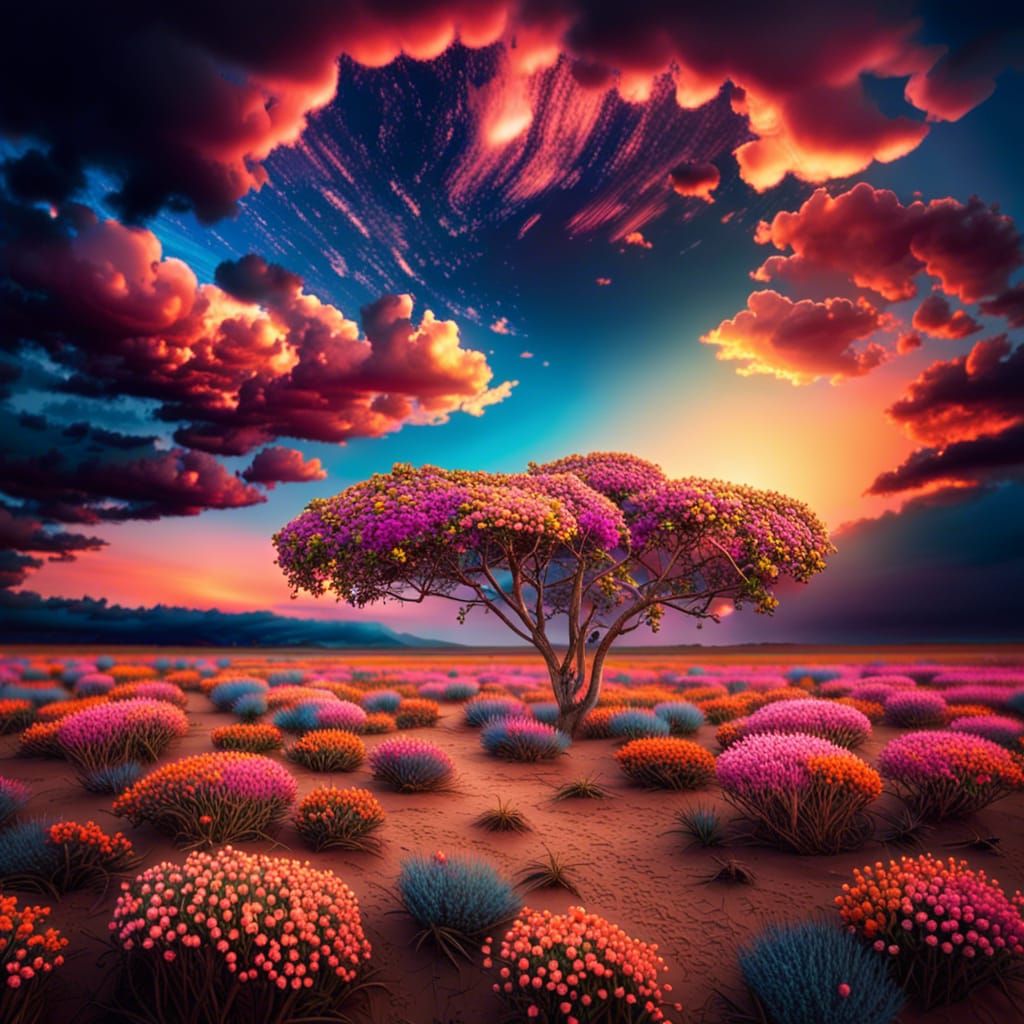 Hyperrealistic Magical Landscape with Golden Flowery Plain