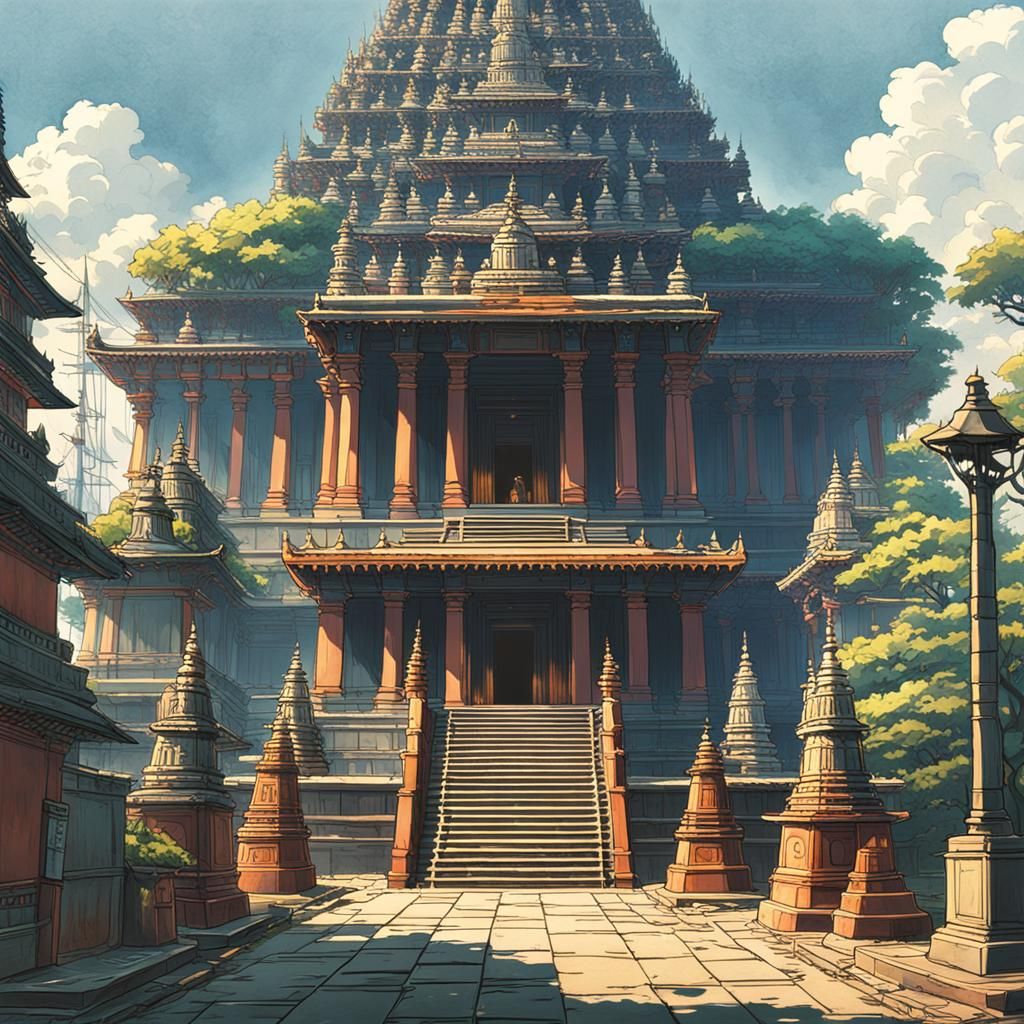 Calcutta Hindu Temple in Studio Ghibli Anime Style