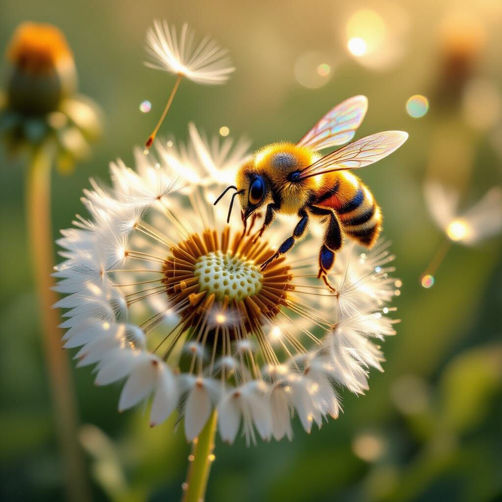 Iridescent Bee Drifting Over Dandelion Clock
