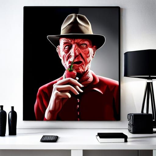 Freddy Krueger Eating Strawberries: Hyperrealistic 64K Photo...