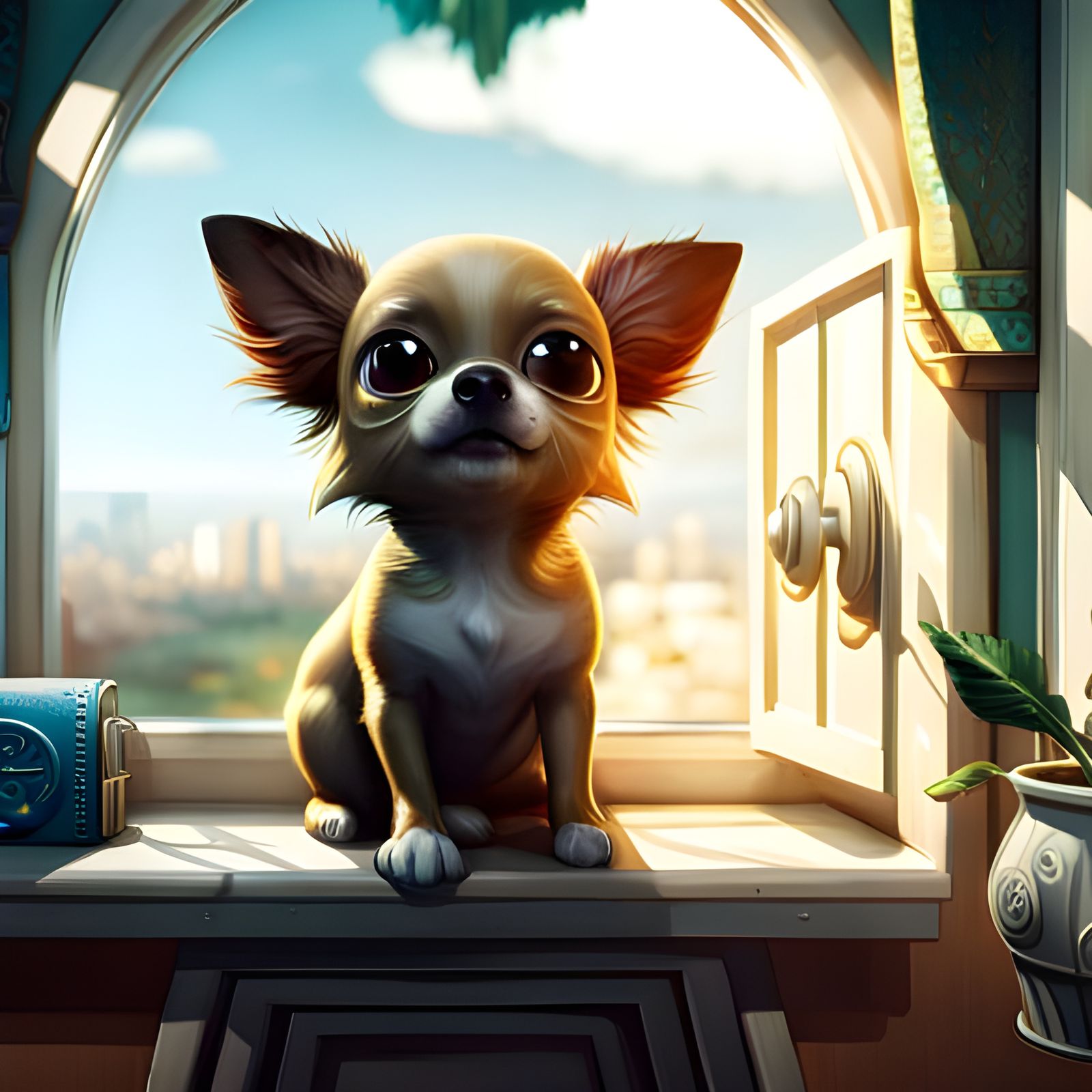 Hyperrealistic Chihuahua Guards Window in 3D Render
