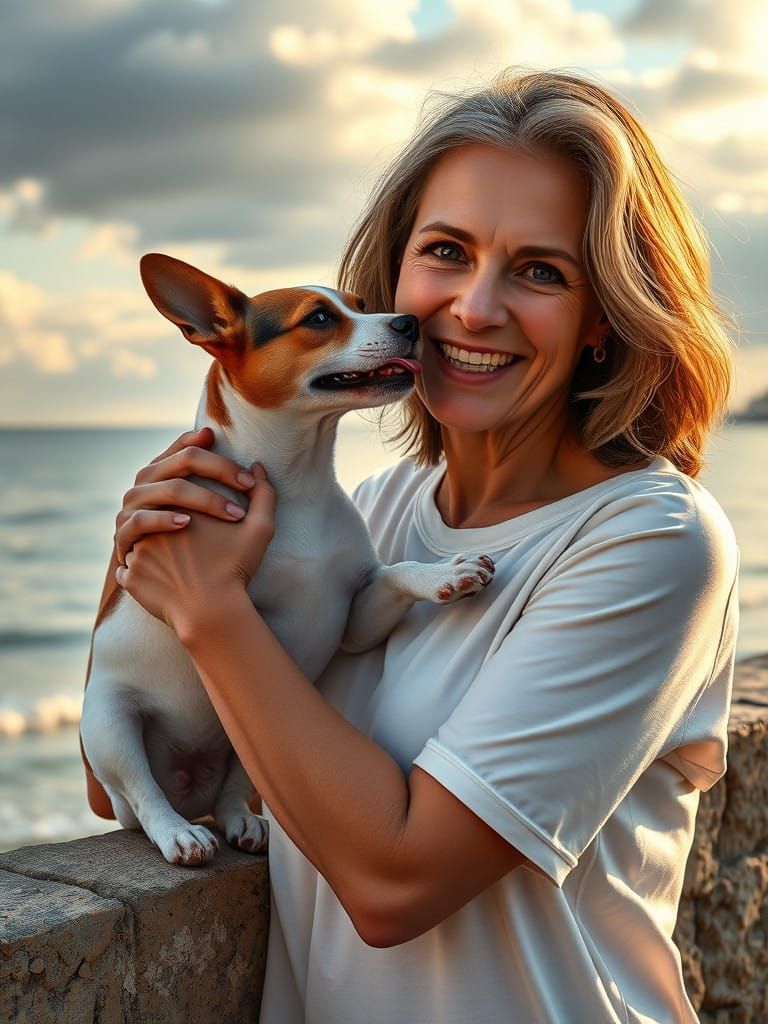 Warm-Hearted Woman Embracing Lively Jack Russell Dog on Seas...