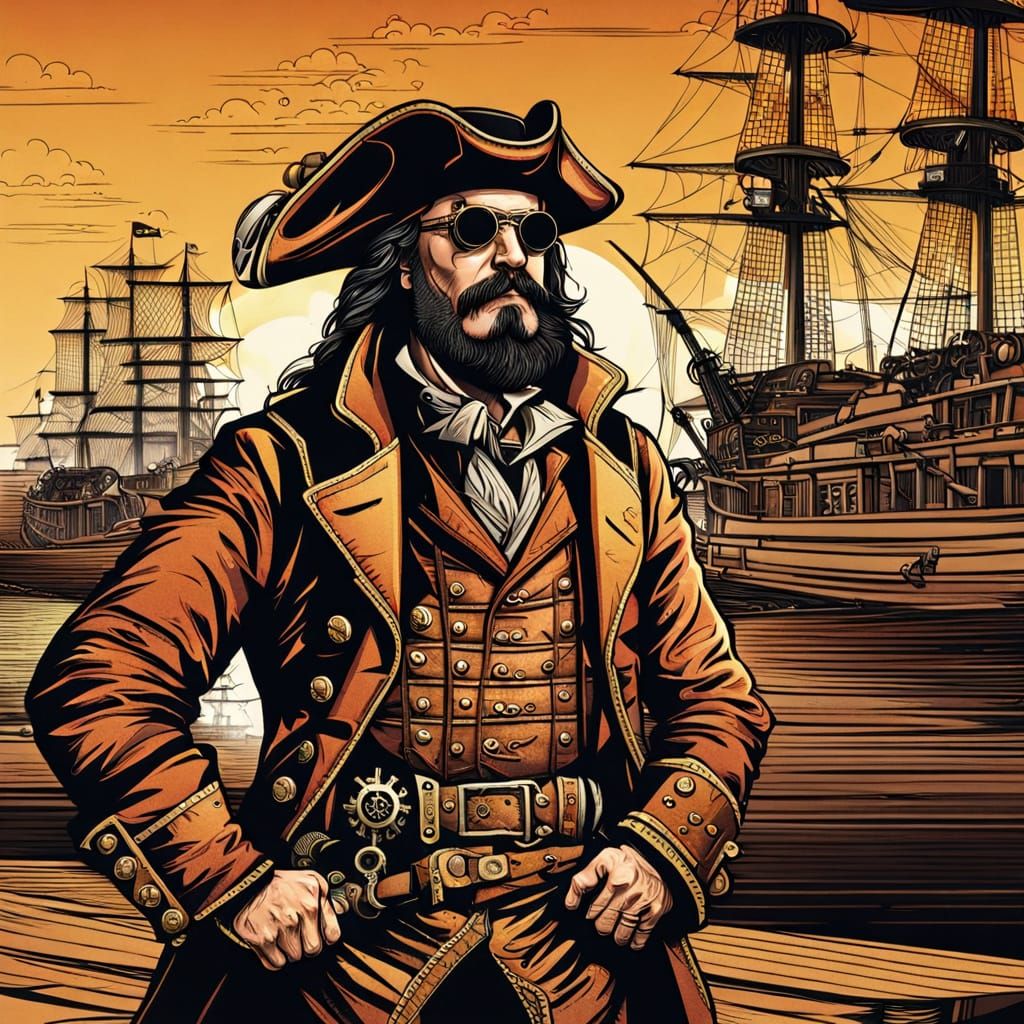 Steampunk Pirate Captain at Sunset