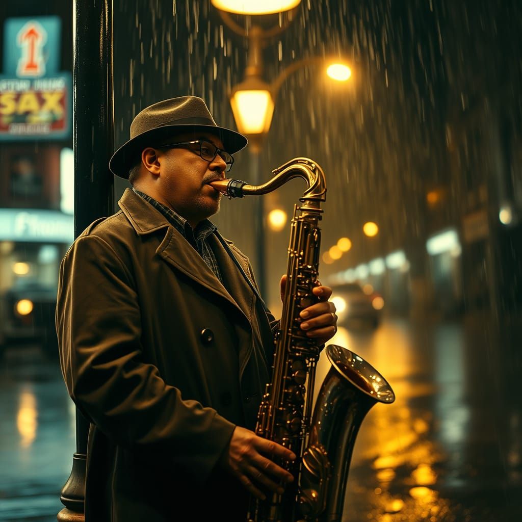 Jazz Saxophonist Plays in Rainy Cyberpunk Street