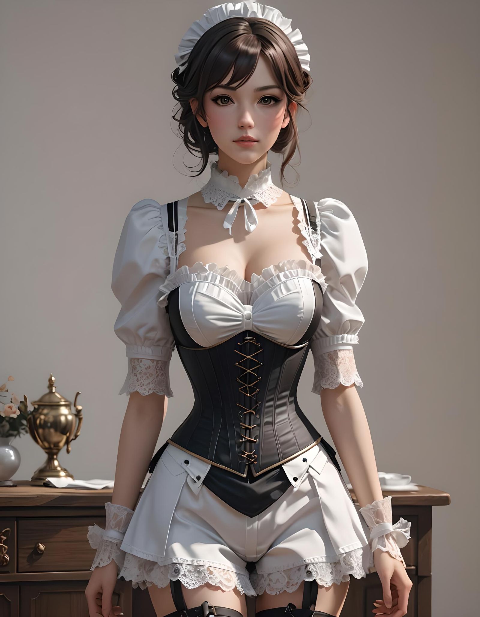 Brunette Maid in underwear corset