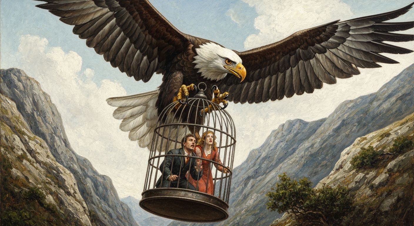 Giant Eagle Carries Birdcage Over Mountains
