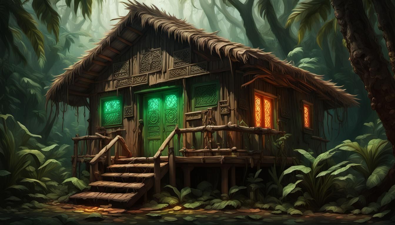 Ethereal Wooden Abode in Aztec Jungle with Glowing Eyes and...
