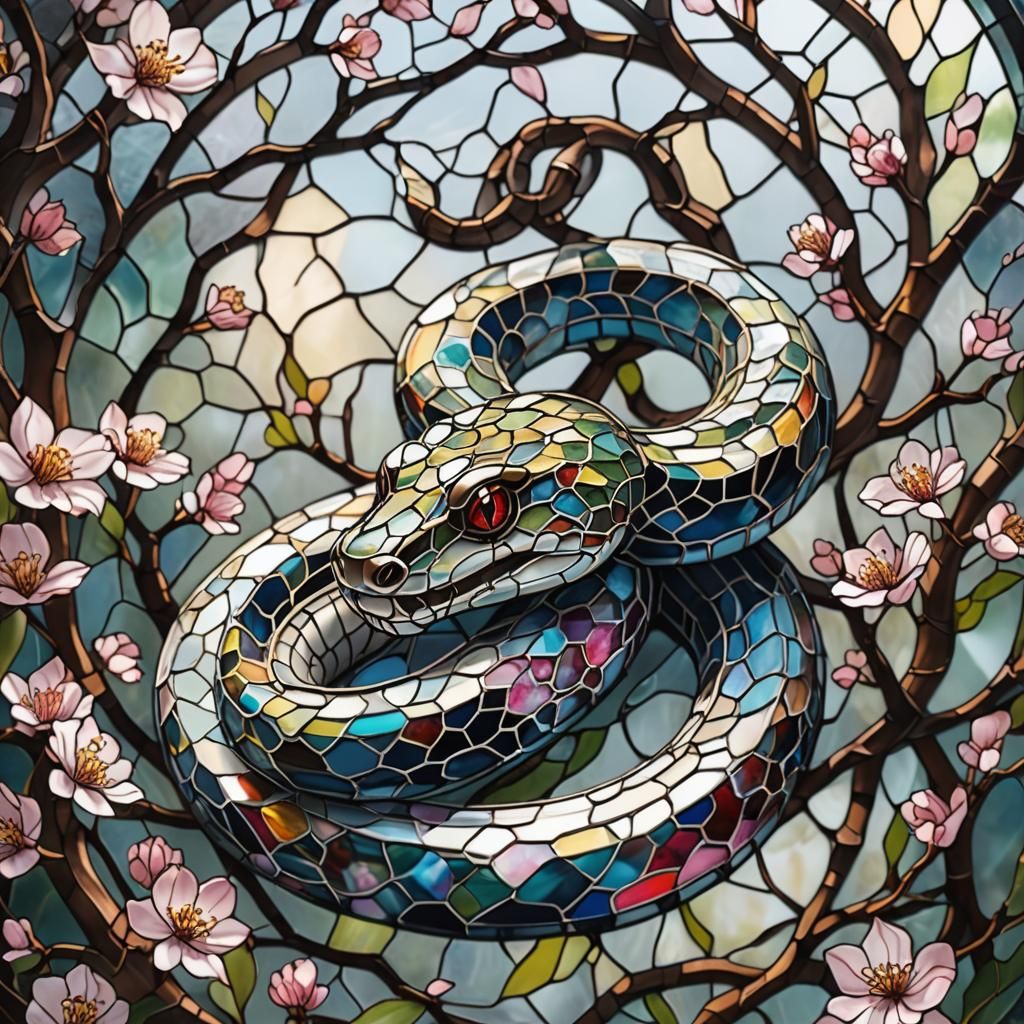 Stained Glass Snake Amongst Cherry Blossoms