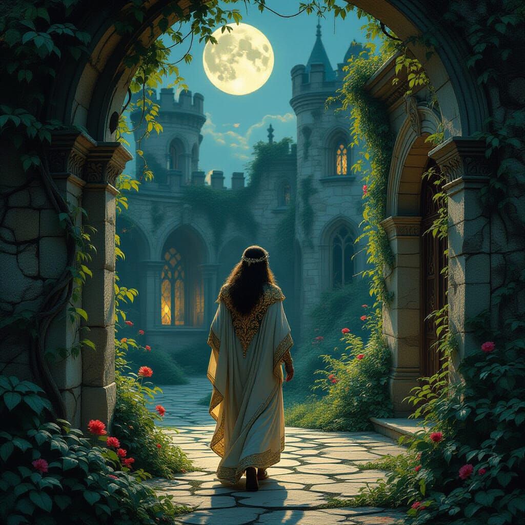 Majestic Wood Nymph in Moonlit Castle Courtyard