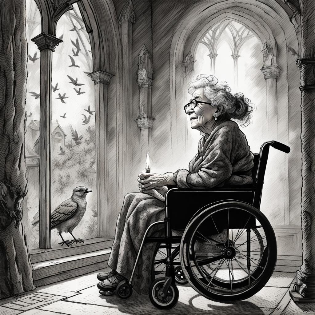 A smiling old crippled woman with glasses in a wheelchair