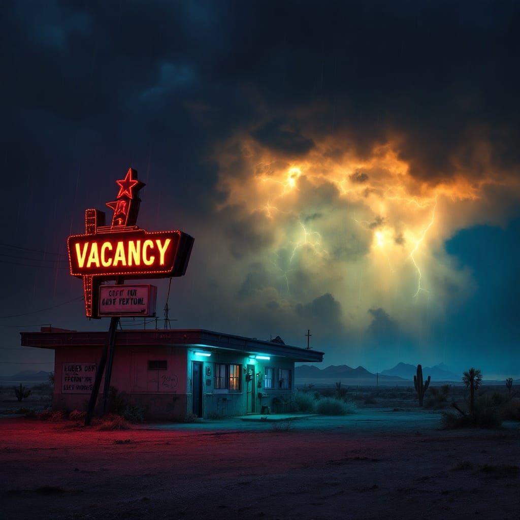 Eerie Desert Motel Under Midnight Indigo Sky