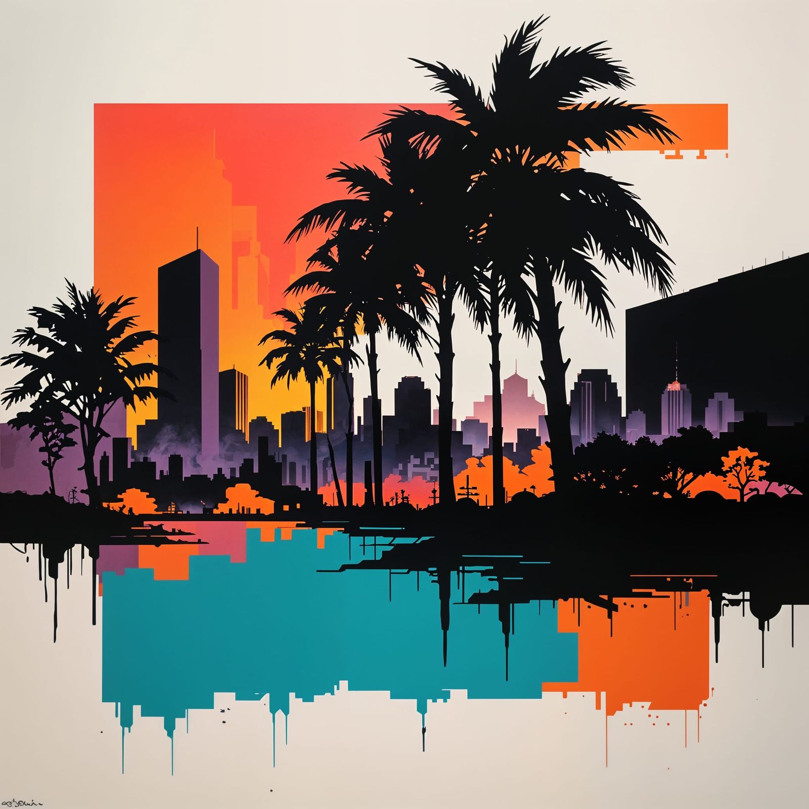 Minimalist Stencil Sunset Over Coastal City