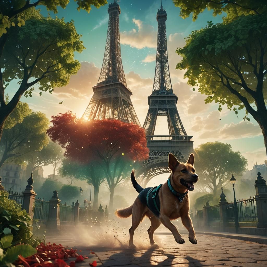 Dog Running in Paris: Vibrant Fantasy Art