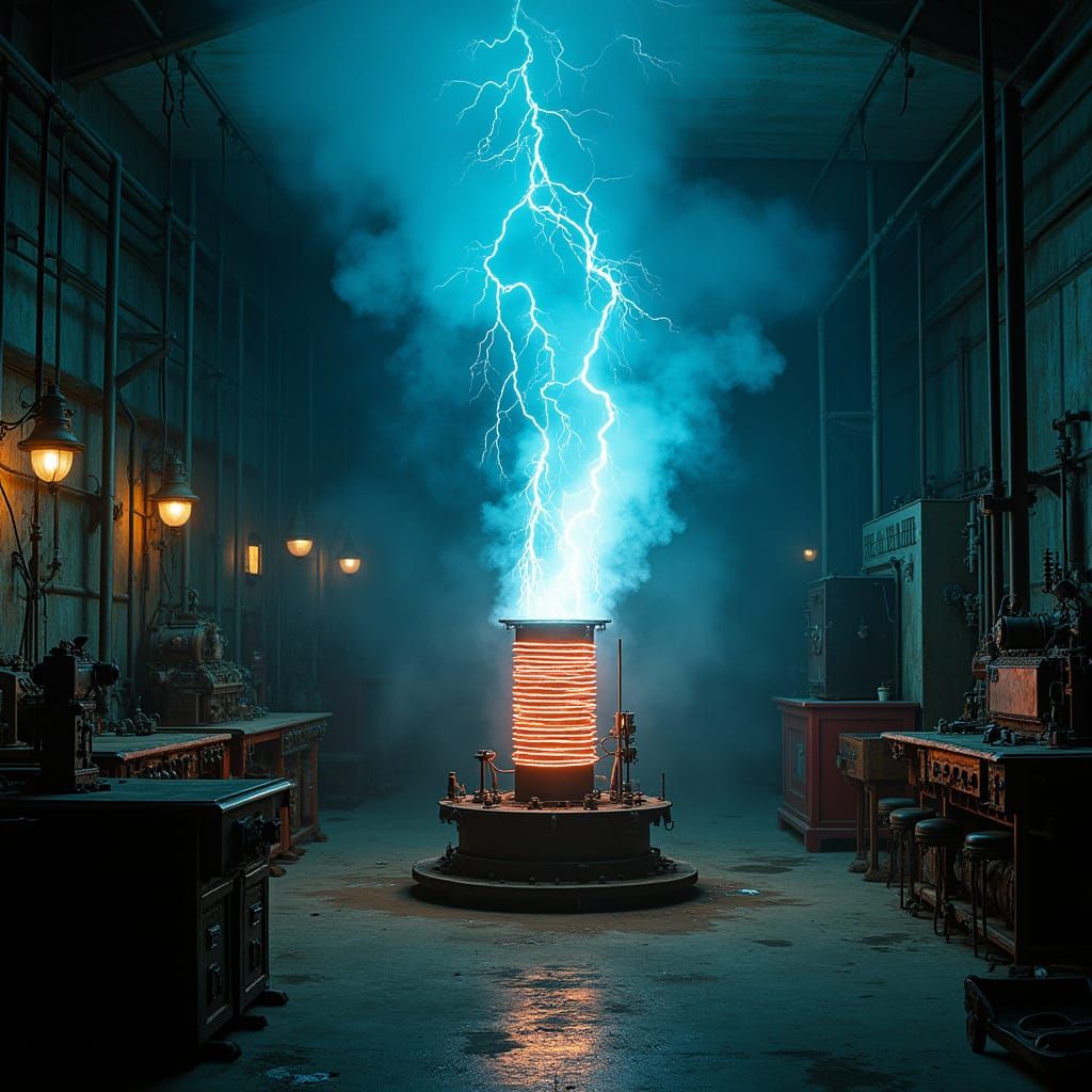 Tesla Coil in Steampunk Lab: Eerie Blue Glow