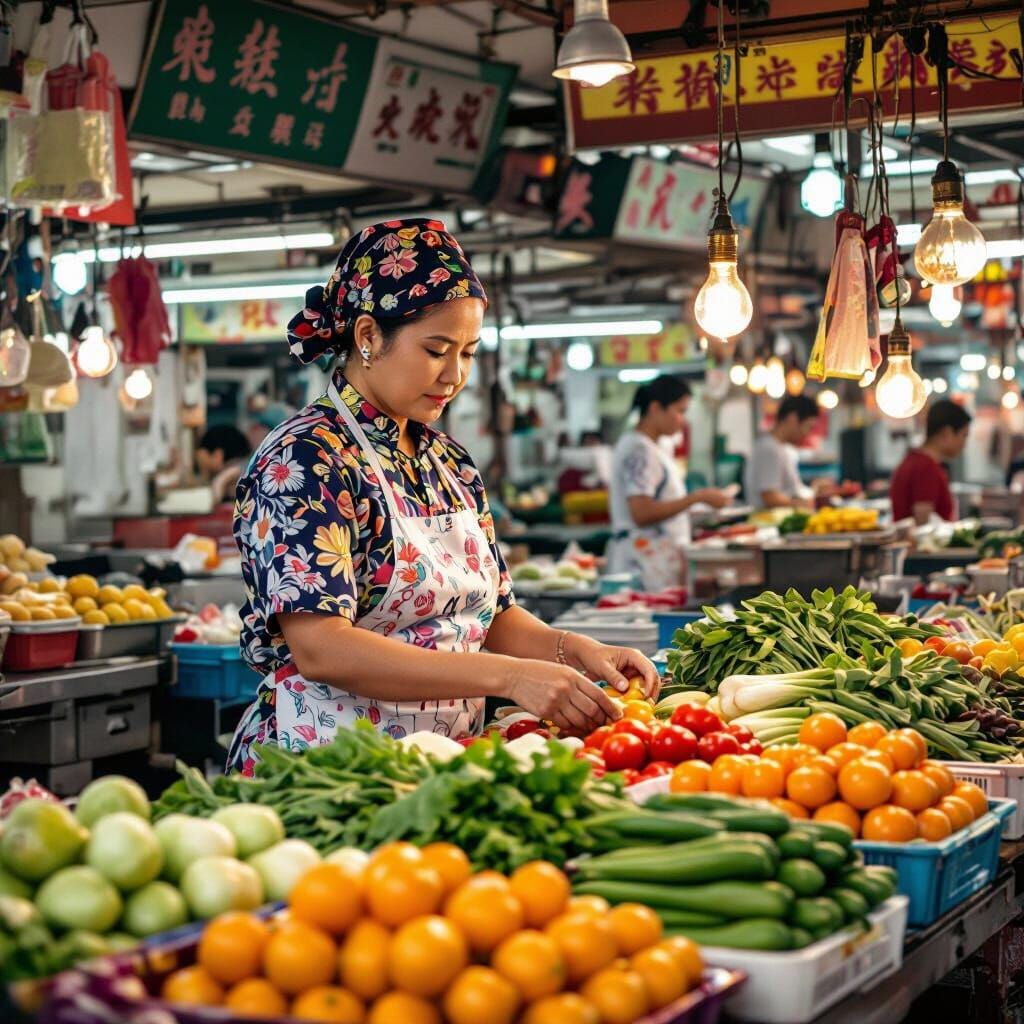 Bustling Singapore Wet Market in Art Deco Style