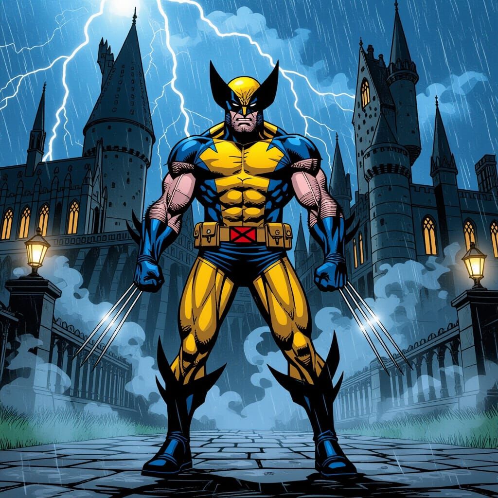 Wolverine Strikes a Pose at Hogwarts in Stormy Comic Art