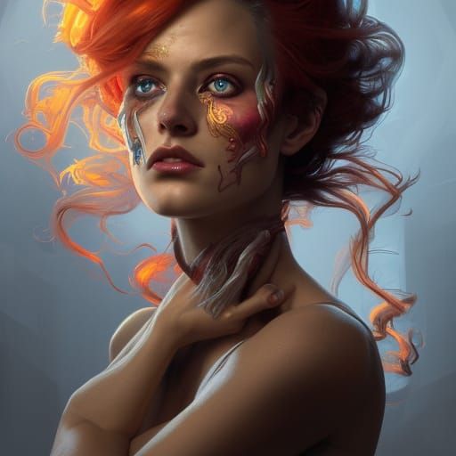 Fiery Haired Woman: Hyperdetailed Digital Art Portrait