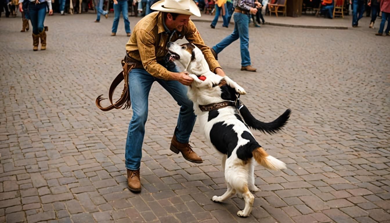 Happy Dog and Cowboy Dancing in Town Square