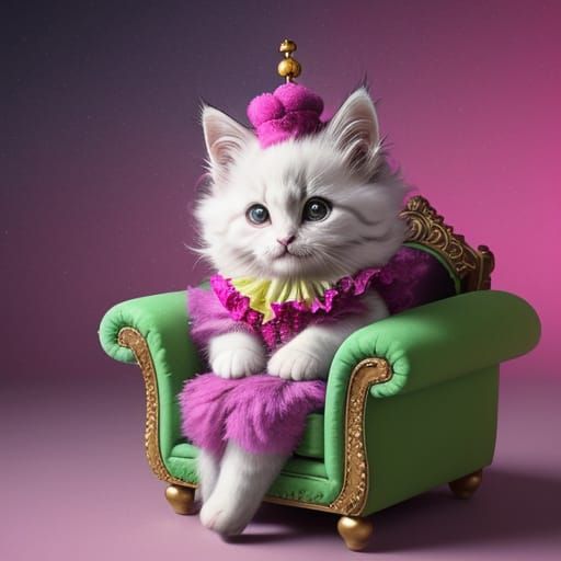 Creepy Clown Kitten on Pastel Throne