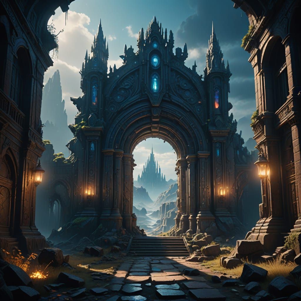 Mystical Portal Amidst Ancient Ruins in Vibrant, Triadic Col...