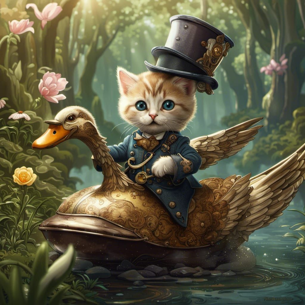 Steampunk Easter Kitten Riding a Duck in Fantasy Forest