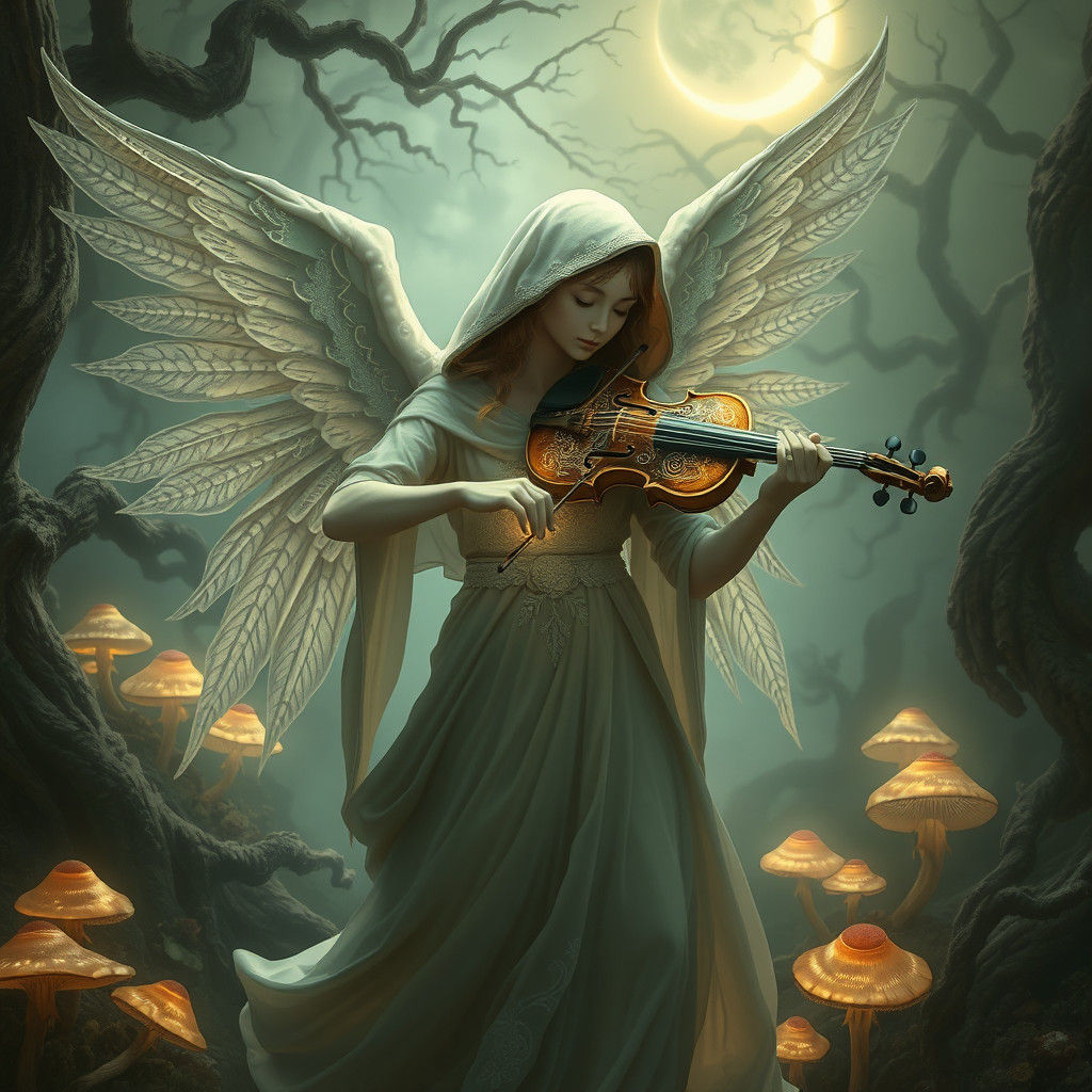 Ethereal Angel Playing Violin in Surreal Forest