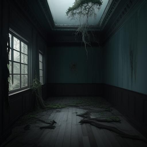 Eerie Haunted House with Banyan Tree in Cinematic Style