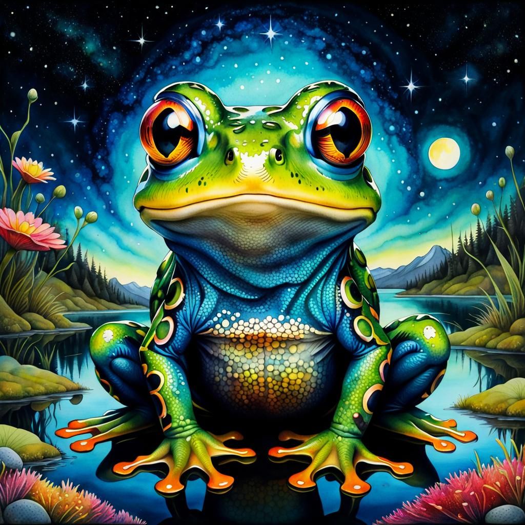 Psychedelic Frog Portrait in Watercolor and Ink