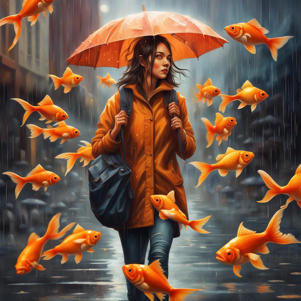 Woman Surrounded by Goldfish in the Rain