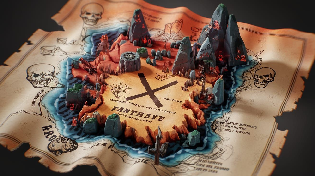Mystical 3D Treasure Map in a Dreamlike Fantasy Style