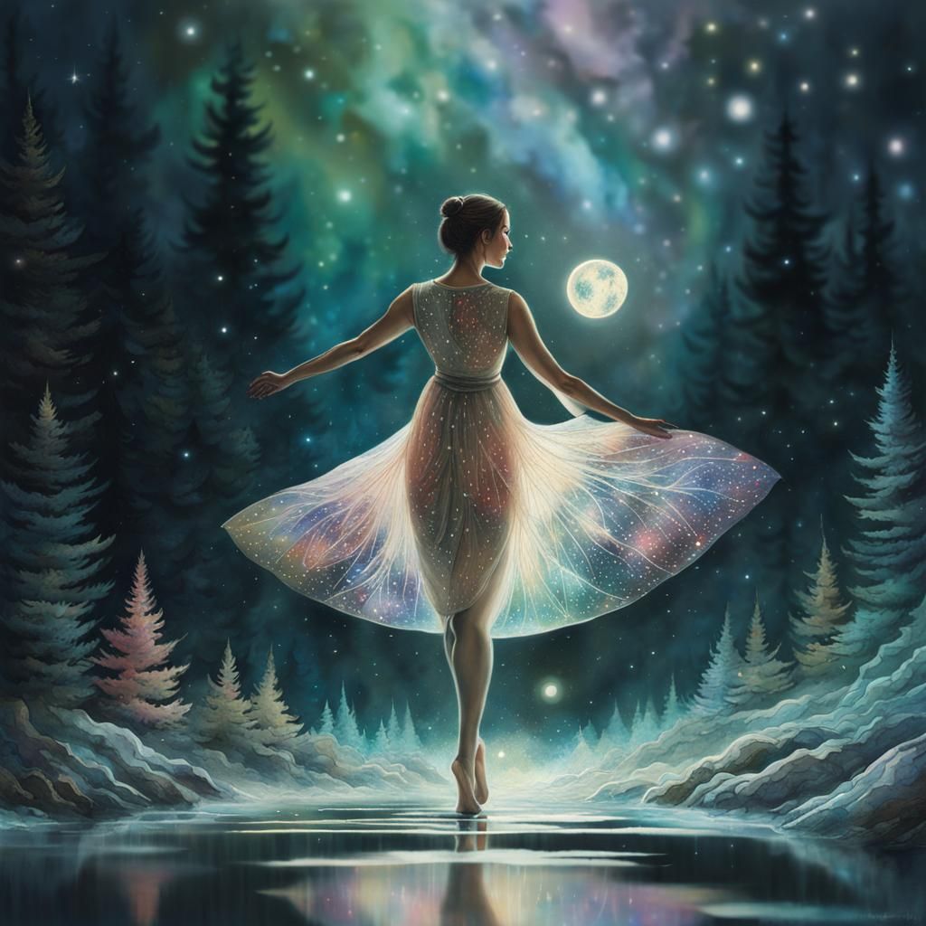 Mystical Woman in Cosmic Forest: Mixed Media Art