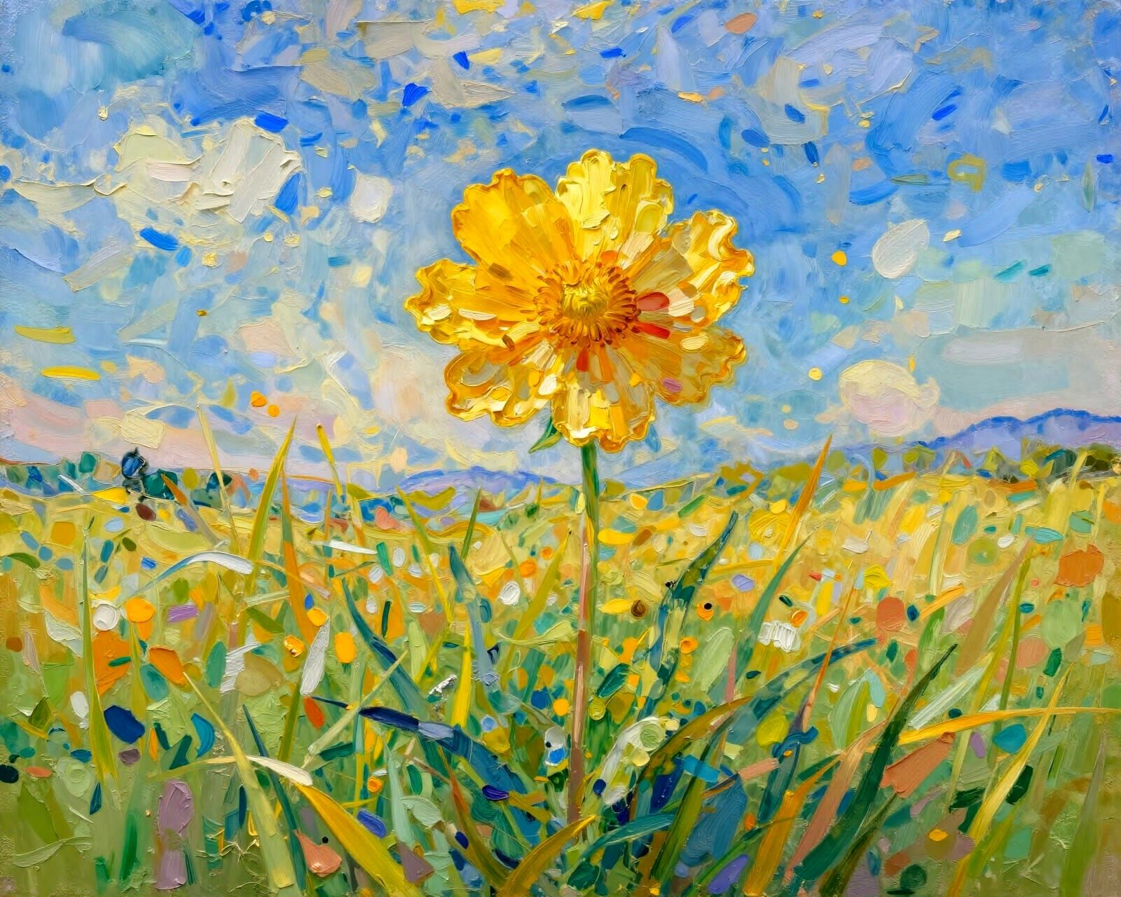 Golden Flower in Sunlight Field - Gouache Masterpiece