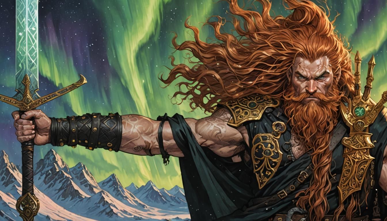 Dwarf Warrior with Sword on Windy Mountaintop