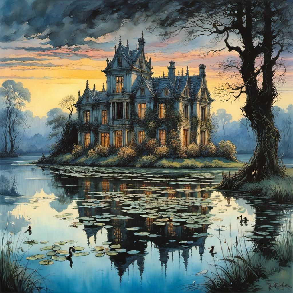 Romantic Lakeside Manor Ruins at Dusk