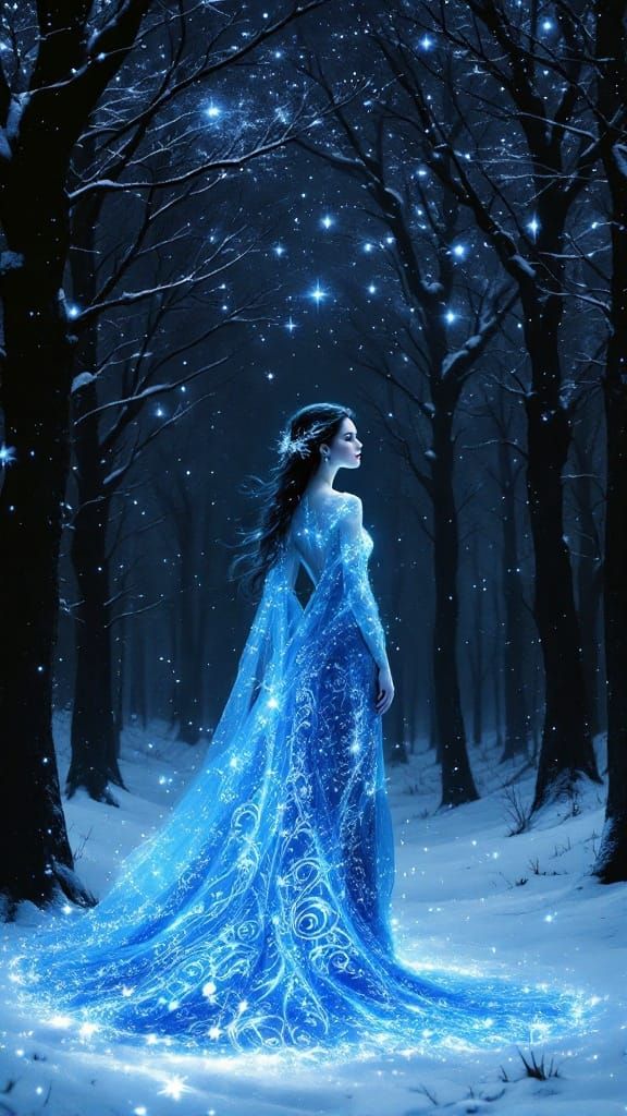 Mystical Woman in a Sparkling Blue Gown Amidst Snowy Woods u...