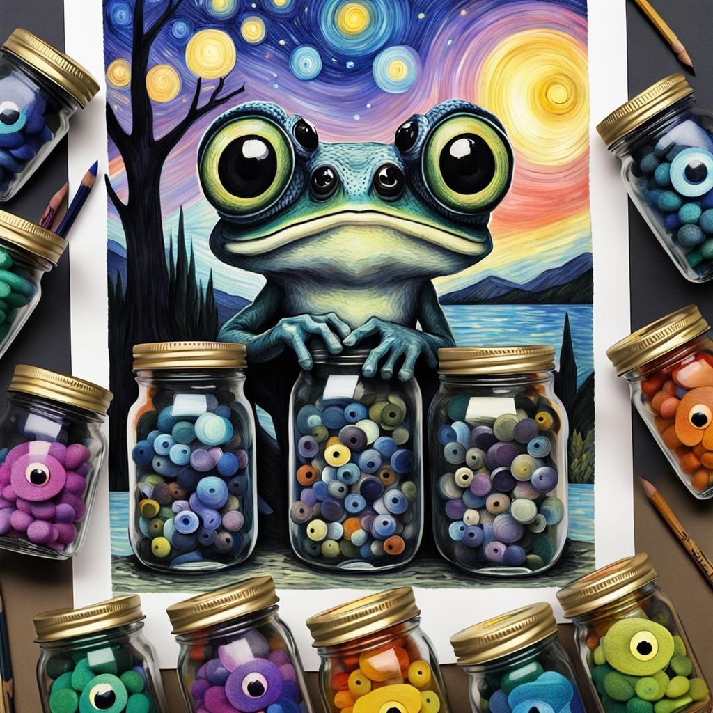 Gothic Tree Frog with Googly Eyes in Crayon Art