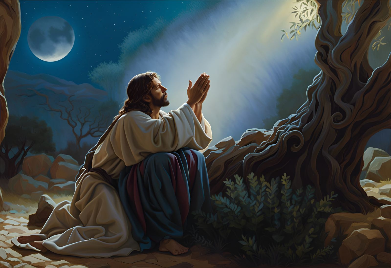 207-Jesus in the moonlight, Kneeling in prayer In The Garden of Gethsemane - 3782 Luke 22:41-44  ...God is Available. Do...