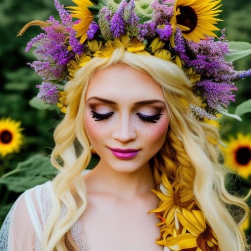 Fairy with Sunflower Crown in Sunflower Field