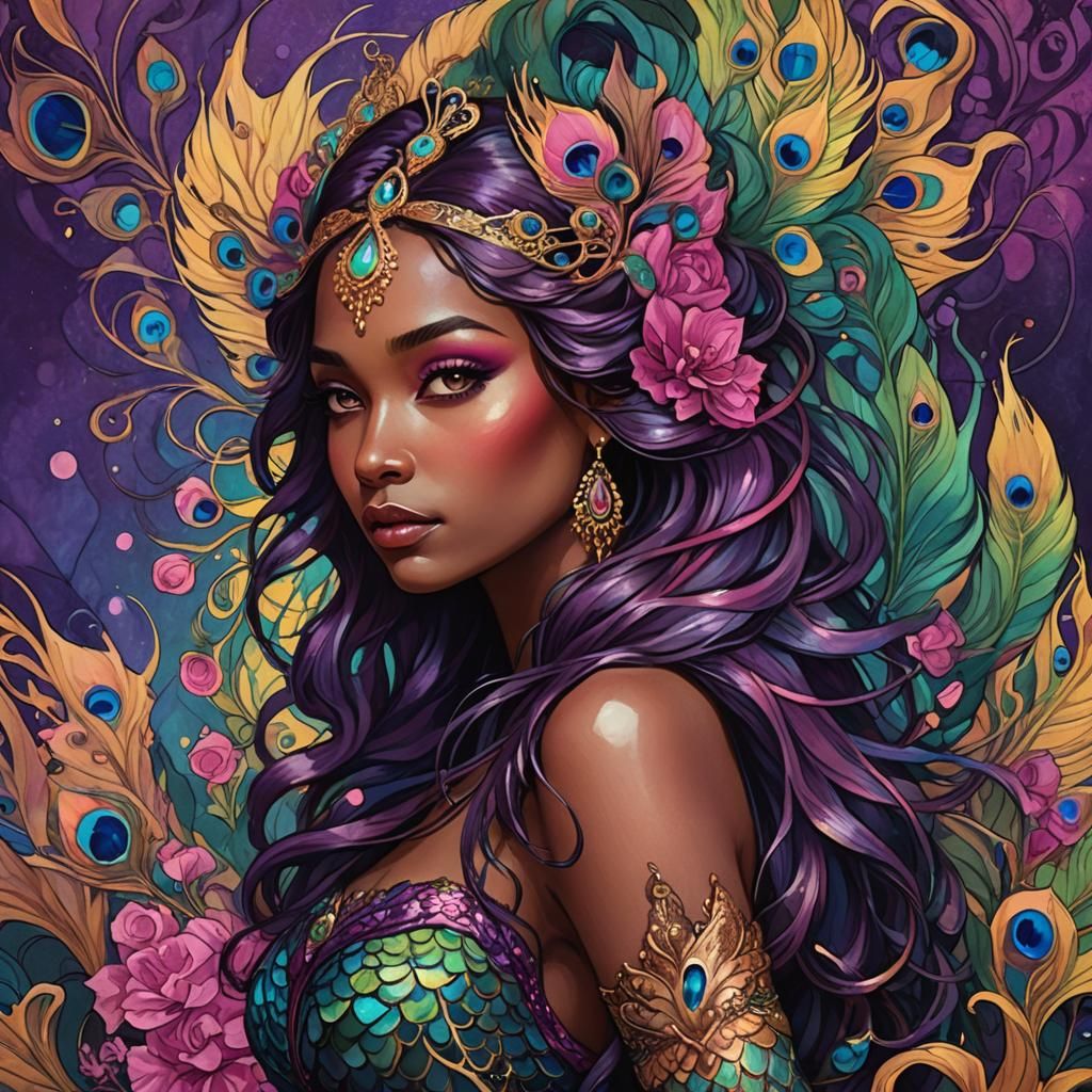 Fantasy Woman with Peacock Feathers in Art Nouveau Style