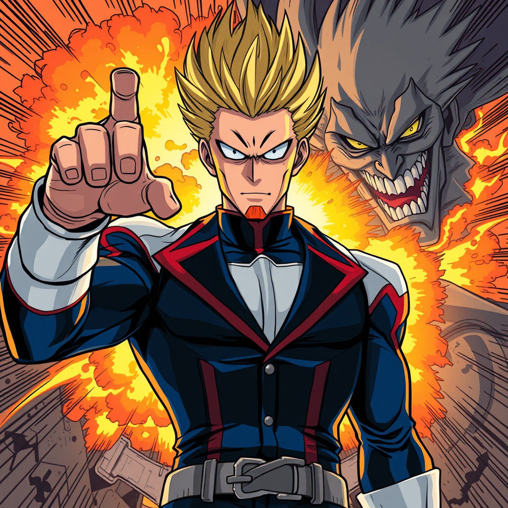 Anime All Might Confronts Villain in Fiery Battle